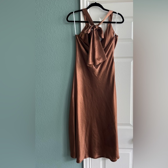 Lulus Sophisticated Impression Brown Satin Backless Cowl Midi Dress - Picture 5 of 7